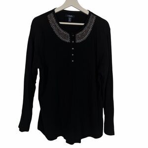 CHAPS Women’s 2X Black Bead Embellished Henley Long Sleeve Top